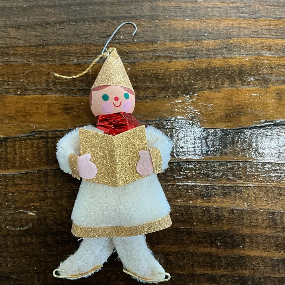 Vintage Christmas Ornament Flat Fuzzy White Caroler Gold Trim MCM